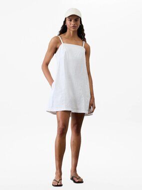 ATHLETA Paradise Bright White Stretch Linen A-Line Cami Dress, Size M